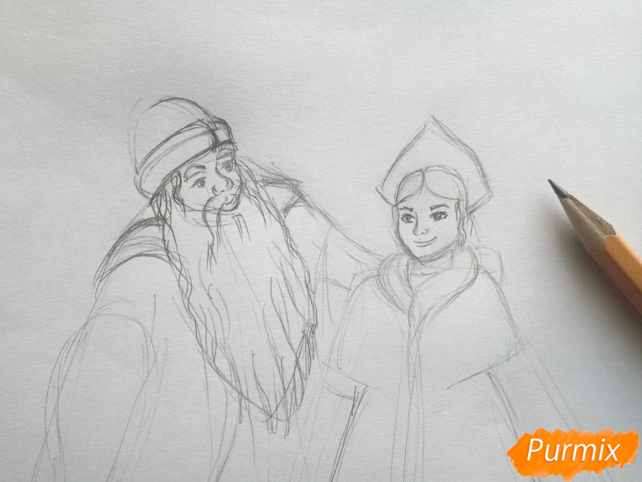 Рисуем Деда Мороза и Снегурочку карандашами - шаг 3