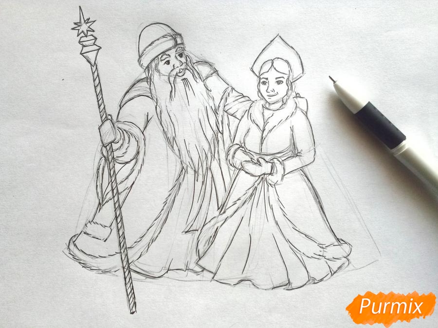 Рисуем Деда Мороза и Снегурочку карандашами - шаг 5