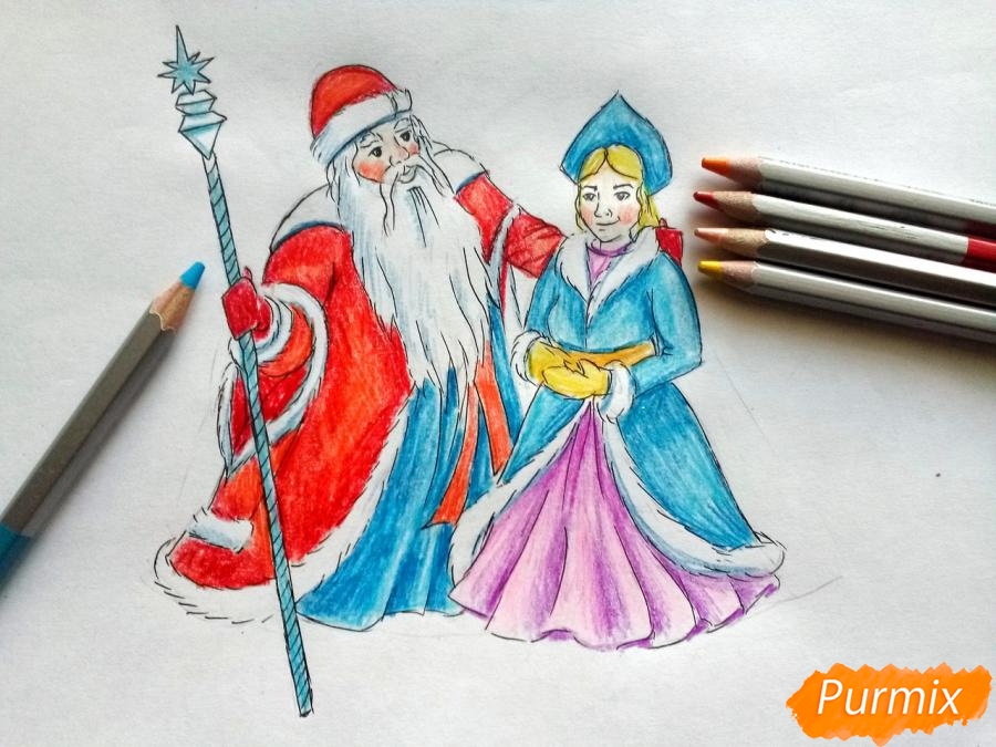 Рисуем Деда Мороза и Снегурочку карандашами - шаг 8