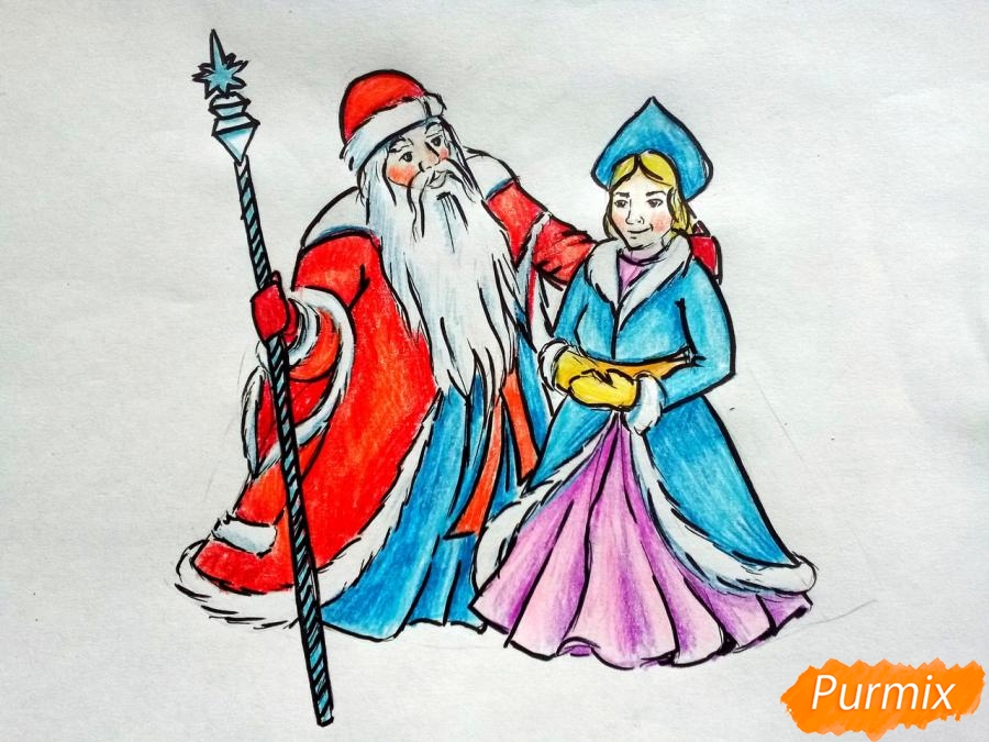 Рисуем Деда Мороза и Снегурочку карандашами - шаг 10