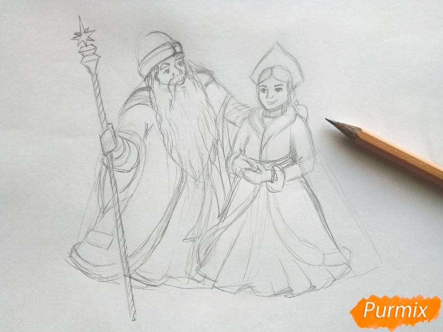 Рисуем Деда Мороза и Снегурочку карандашами - шаг 4