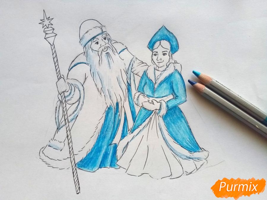 Рисуем Деда Мороза и Снегурочку карандашами - шаг 6