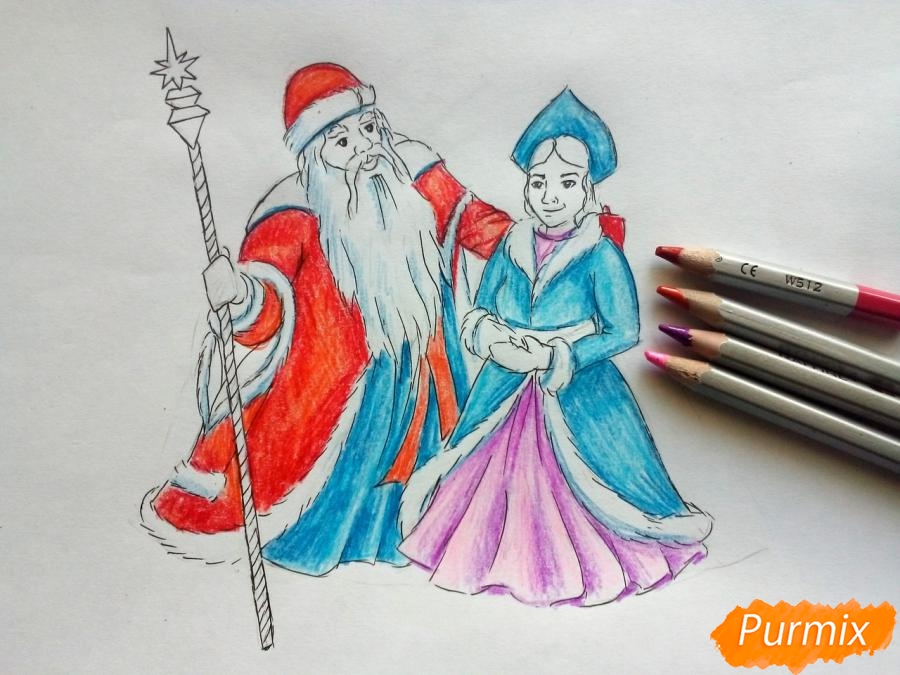 Рисуем Деда Мороза и Снегурочку карандашами - шаг 7