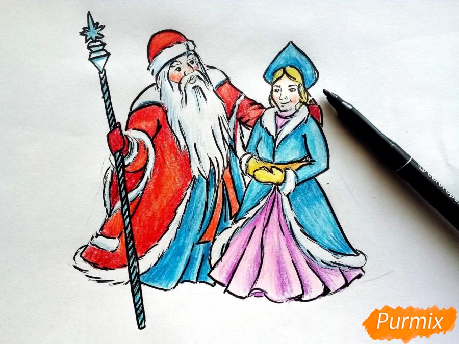 Рисуем Деда Мороза и Снегурочку карандашами - шаг 9