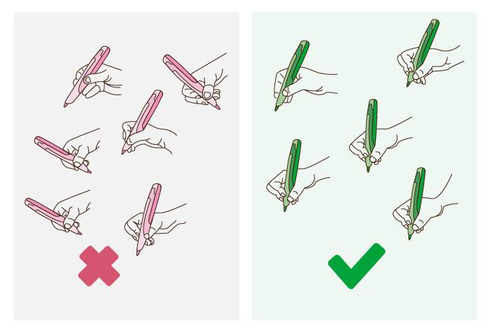 Правильное и не правильное положение ручки и карандаша